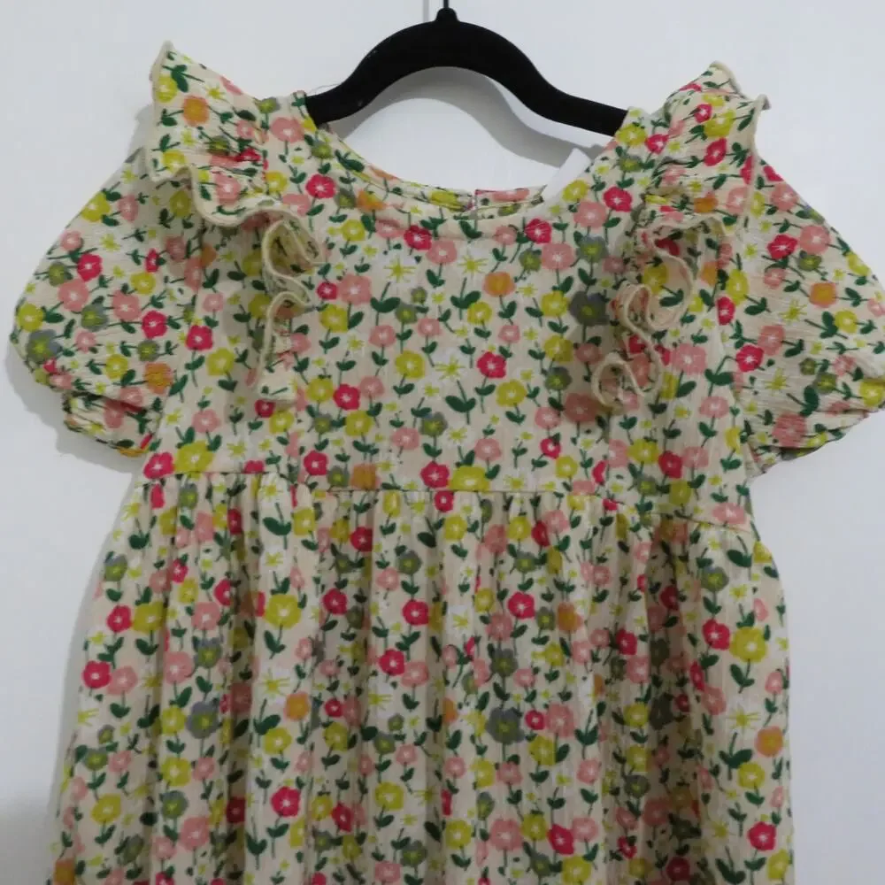 HOP Kids 4-5 Years Yellow Green Pink Floral Puff Sleeve Dress